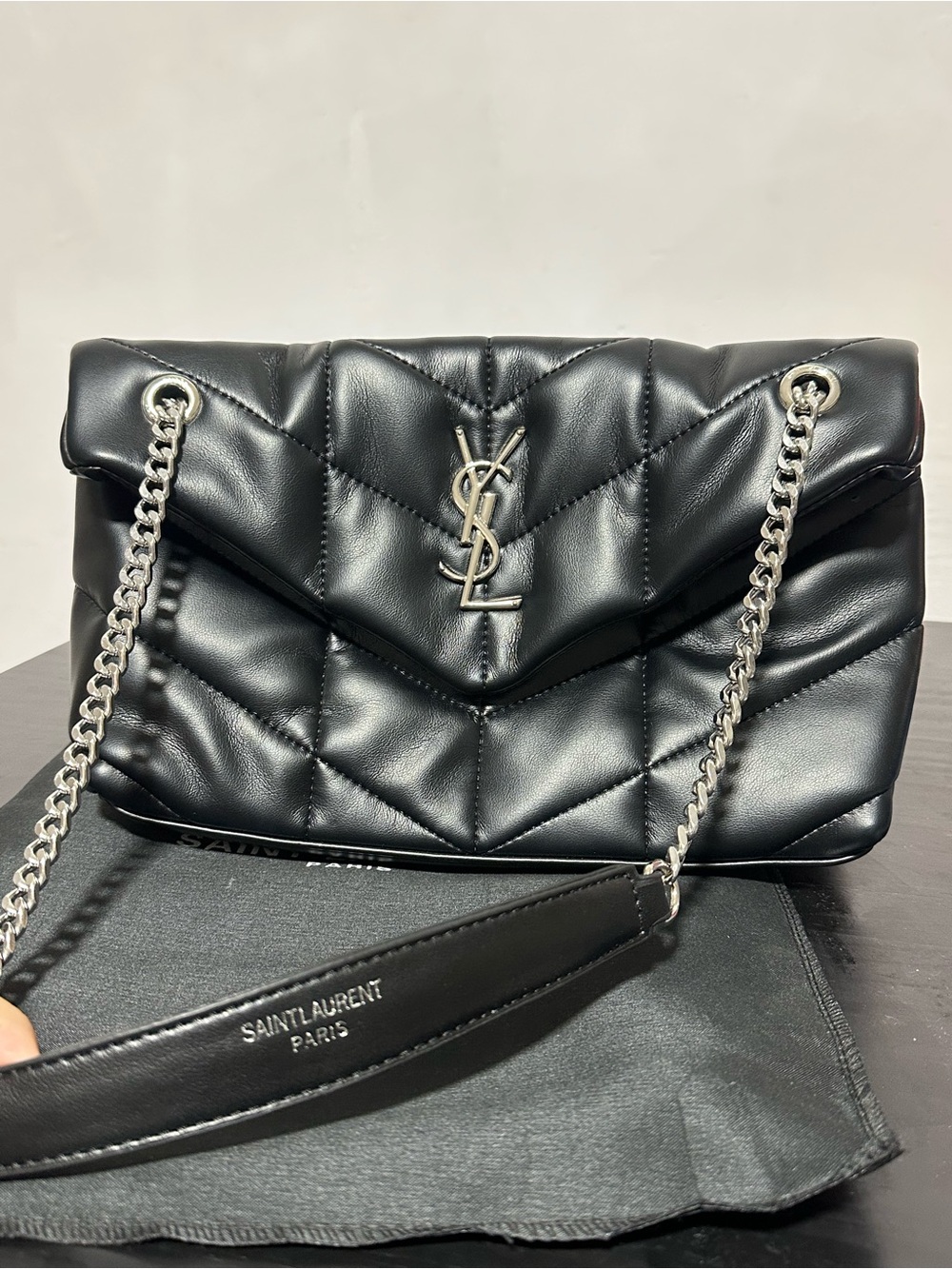 Saint Laurent Black Quilted Leather Shoulder Bag with Silver Chain